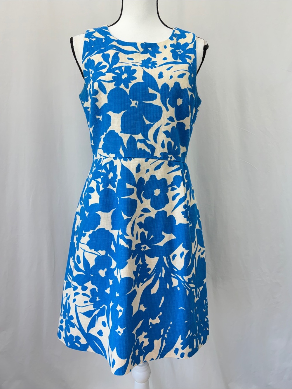 J. Crew Blue Ivory Floral Print Sleeveless Cotton Shift Dress Wedding Guest Sz 6